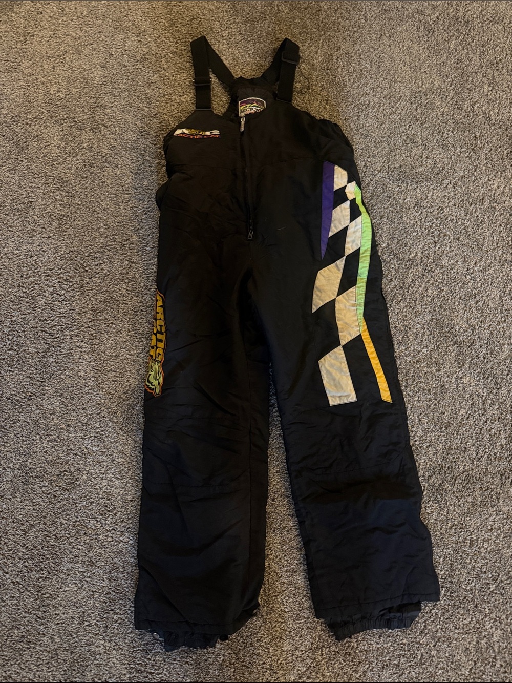 Men's Black Snow Overalls with Multicolor Chevron Accents
